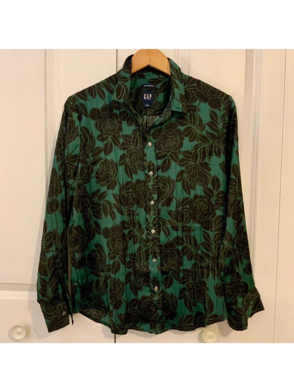 Gap Green Black Floral Satin Pleated Long Sleeve Oversized Boyfriend Shirt Small - Picture 2 of 11